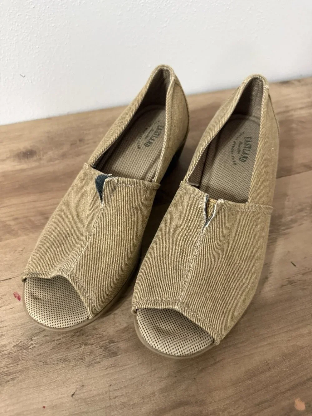 🌾 Neutral & Cozy! Eastland Tan Canvas Peep-Toe Wedge Sandals
